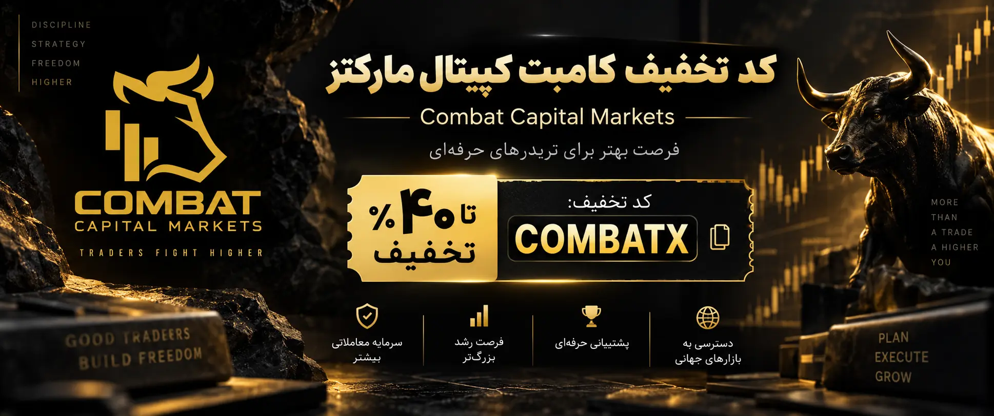 کد تخفیف پراپ Combat Capital Markets تا ۴۰٪؛ بهترین و بیشترین تخفیف خرید چالش کامبت کپیتال مارکتز با کد COMBATX